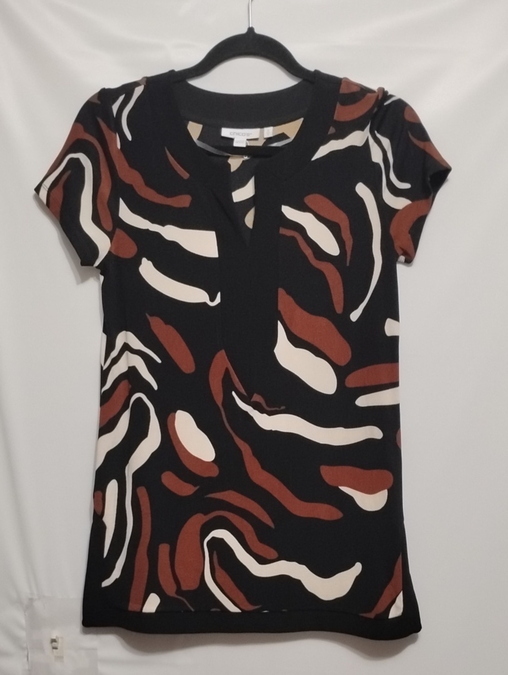 Choco's Black Top with Brown and Cream Abstract Swirl NWOT